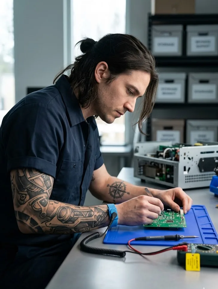 Инженер сервисного центра Naked Technologies проводит компонентный ремонт платы управления диодного лазера